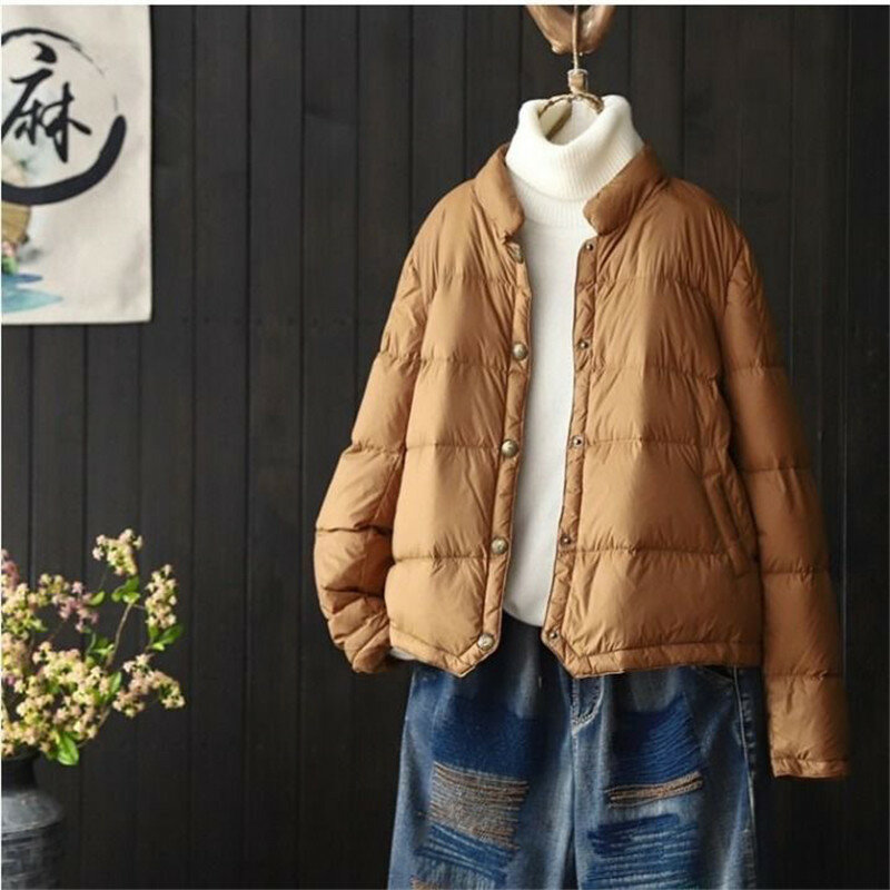 두껍고 따뜻한 스탠드 칼라 짧은 코트 및 재킷 여성용, 화이트 오리털 파카, 루즈핏, 큰 사이즈, 가을 겨울 신상품