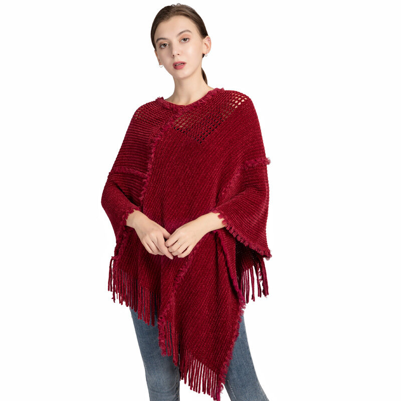 Poncho de punto con borlas para mujer, chal de chenilla de imitación de Cachemira, Jersey, capa, capas rojas, otoño e invierno, nuevo