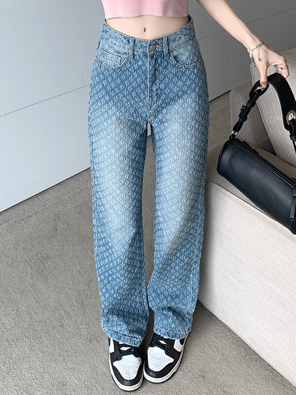 Джинсы женские винтажные с широкими штанинами, модная уличная одежда с завышенной талией, светло-голубые джинсовые штаны, Свободные повседневные жаккардовые брюки с эффектом потертости
