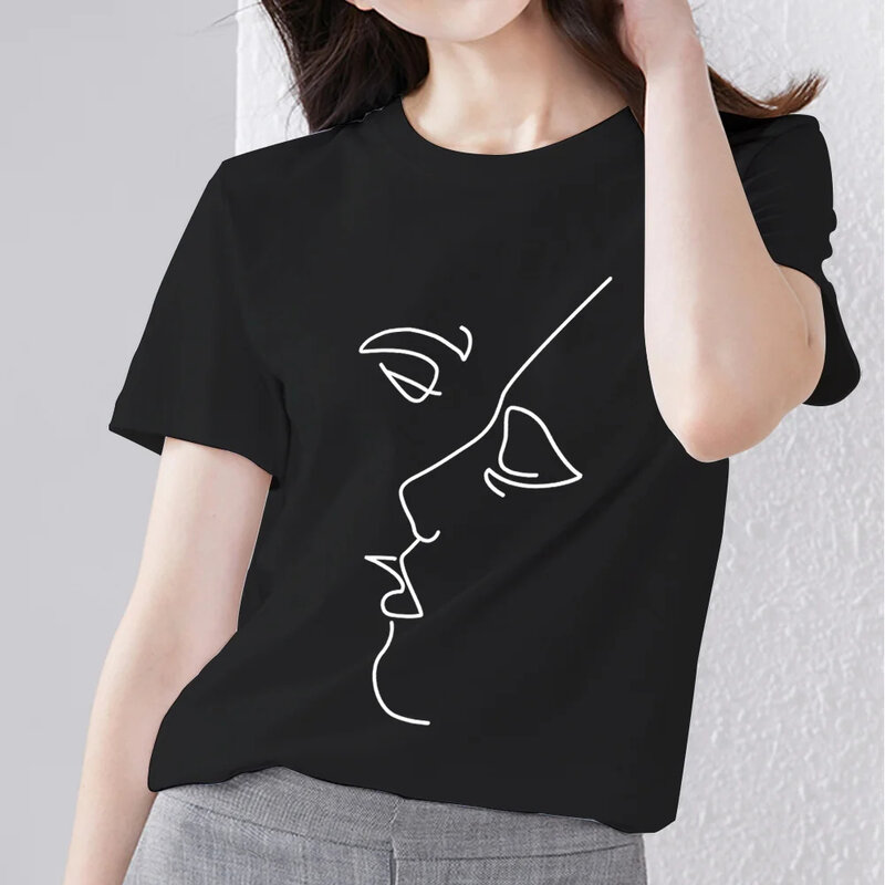 Camiseta feminina estampada de manga curta, blusa com gola redonda, roupa solta, moda, festa familiar, novo, 2024