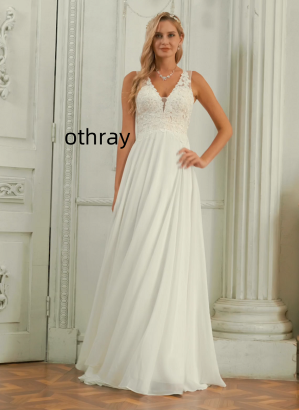 Othray A-line V-Neck Backless applique Sweep Train Chiffon Lace Wedding Dress robe de mariée wedding dress 2024 bride