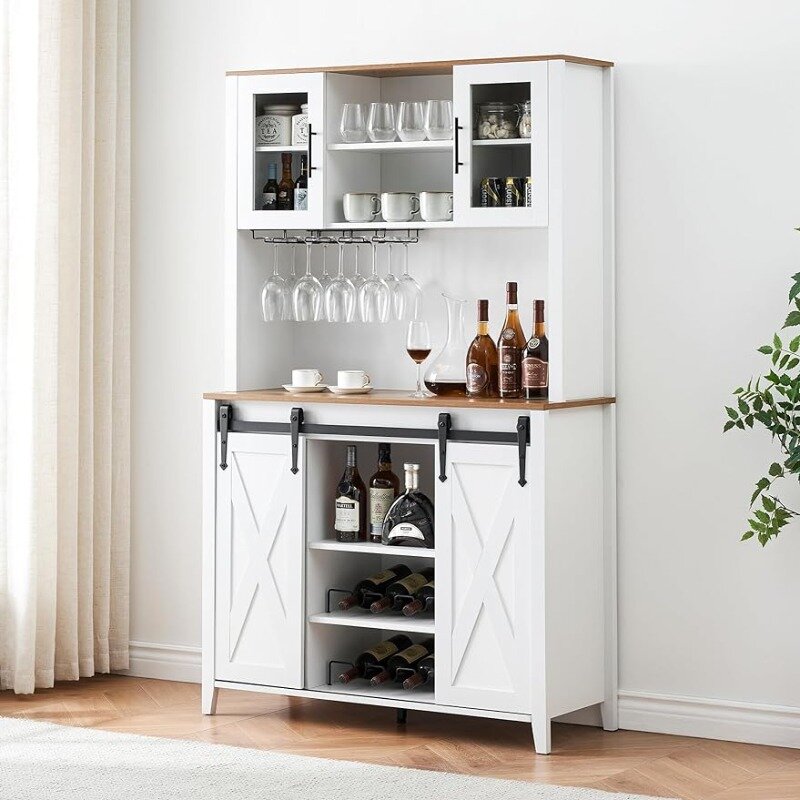 IDEALHOUSE Farmhouse Bar Cabinet with Sliding Barn Door, 70" Rustic Buffet Cabinet with Storage Shelves, Liquor Cabinet