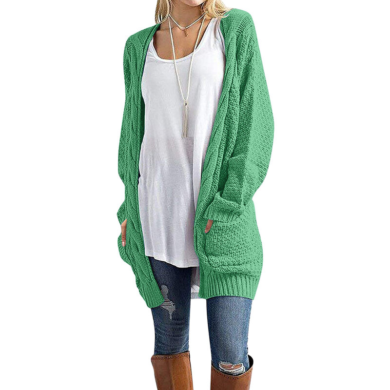 Women Loose Open Front Long Sleeve Chunky Knit Cable Cardigans Sweater With Pockets