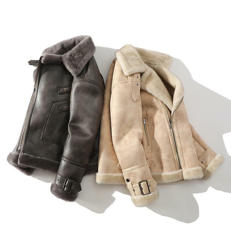 2023 men's short motorcycle jacket loose oversized fur integrated plush and thickened warm lapel casual  korean fashion outwear