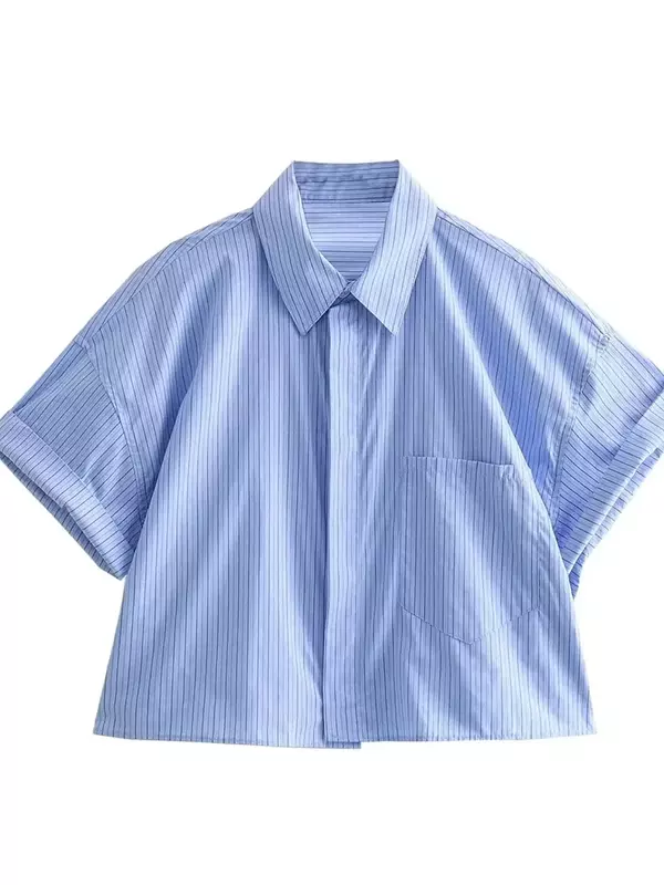 Camisa corta de popelina Retro para mujer, Top de rayas versátil con bolsillo, solapa informal, manga corta, botón frontal, verano coreano