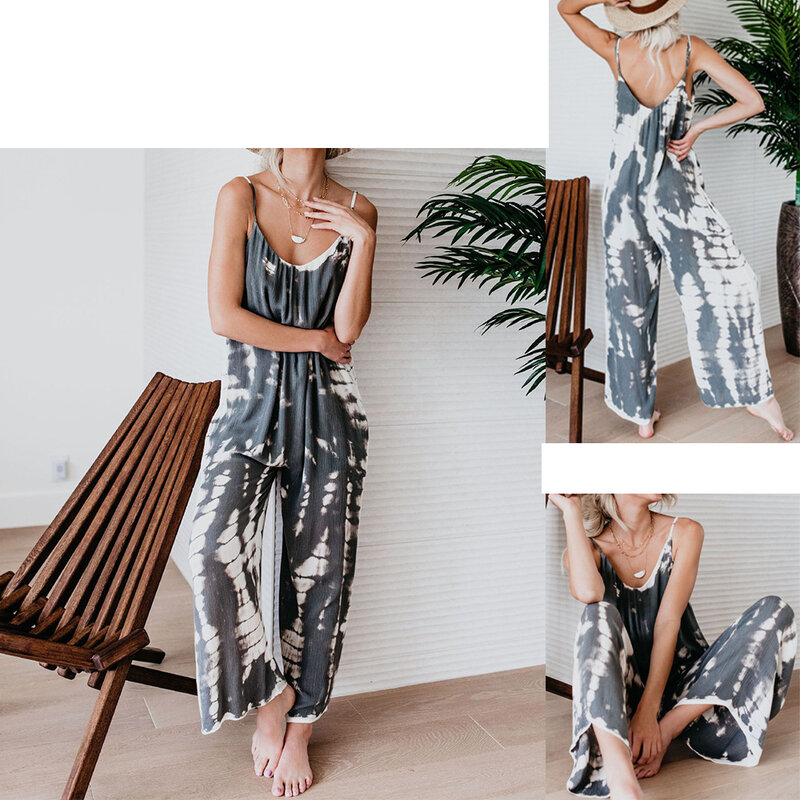 Strap Jumpsuit New Women's Street Style Sexy Sleeveless Pocket Printing Loose Sling Casual Waist Wide Leg
