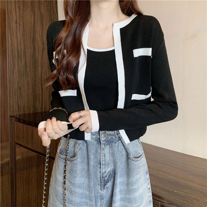 Women Autumn 2 Piece Knitted Contrast Color Striped Outfits Long Sleeve Open Front Cropped Cardigan with Sleeveless 10CF