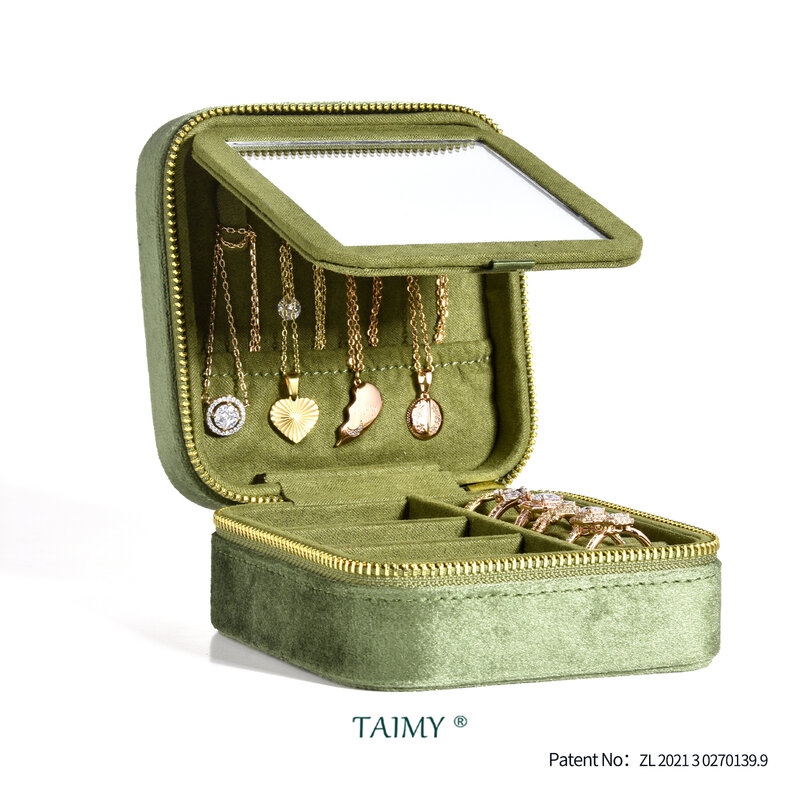 TAIMY Vintage Velvet Travel Jewelry Storage Ring Box Flip con specchio Organizer Support Logo Custom Retro Green Jewelry Box