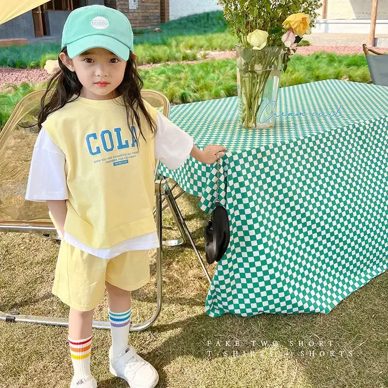 Mädchen neue Sommer lässig T-Shirt passt koreanischen Stil Baby Jugend Teenager Mädchen Kurzarm Kontrast farbe 2 Stück Kleidung Sets