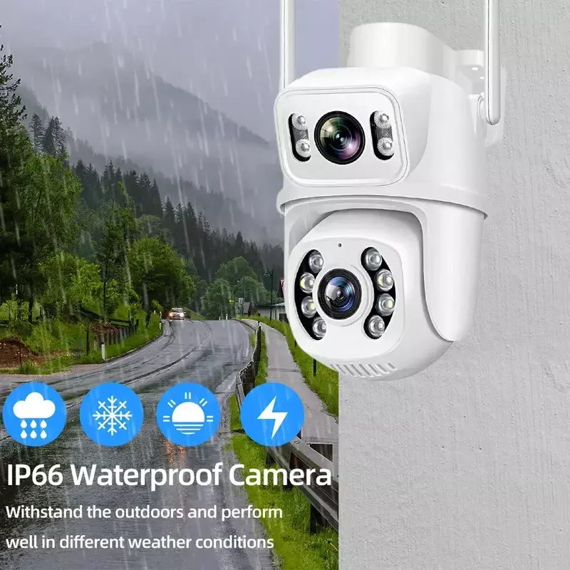 Câmera de Vigilância WiFi Dual Lens, 8MP, 4K, Acesso Remoto, Cor, Visão Noturna, PTZ, Segurança HD, CCTV