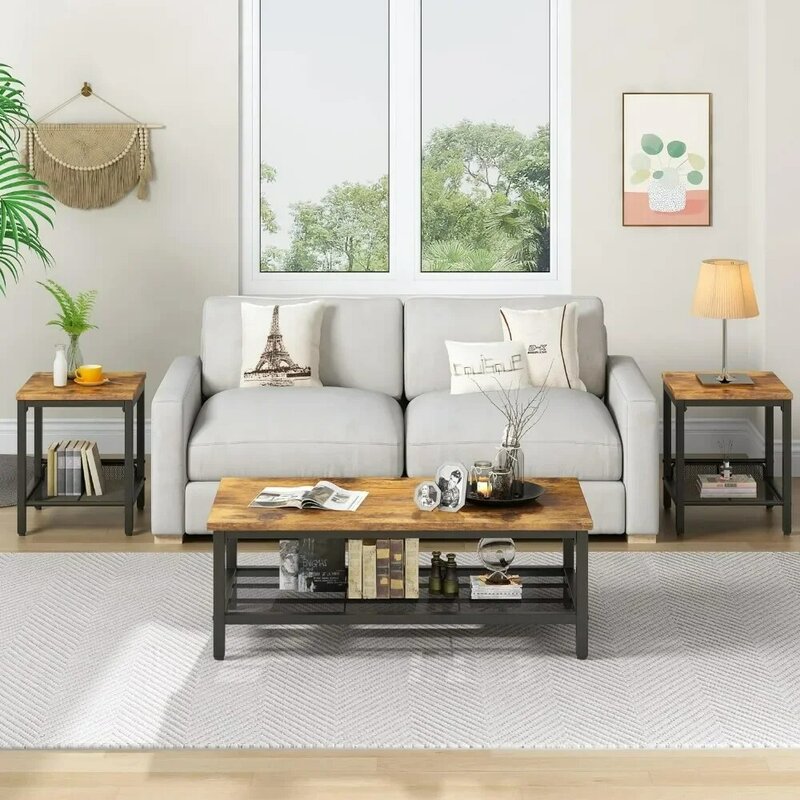 3 Pieces Coffee Table Set, Industrial Coffee Table with 2 Square End Side Tables, Table Set with Metal Frame