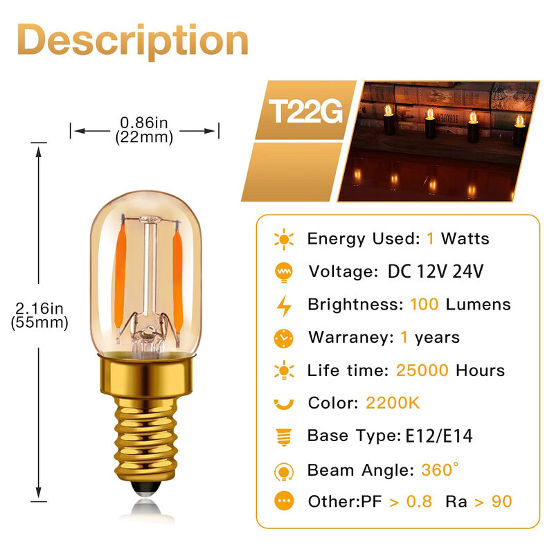 Hcnew E12 E14 빈티지 LED 필 라 멘 트 전구 T22 디 밍이 가능한 램프 1W 2200K 따뜻한 화이트 110V 220V 장식 샹 들리 빛