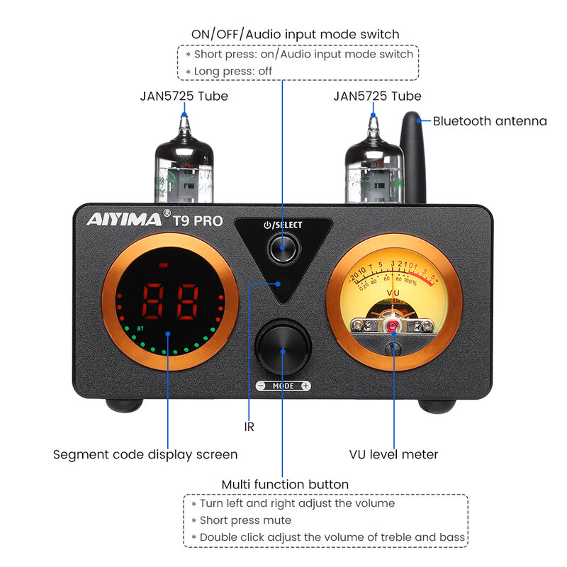 AIYIMA T9 PRO HiFi Bluetooth Ламповый усилитель VU измерительный усилитель стерео усилитель мощности USB DAC COAX OPT Home Audio Amp 100Wx2