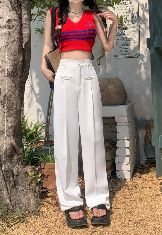 Wide Leg Suit Pants For Women Spring Summer Chic High Waist Loose Straight Long Pants Lady Casual Solid Color Wide Leg Trousers