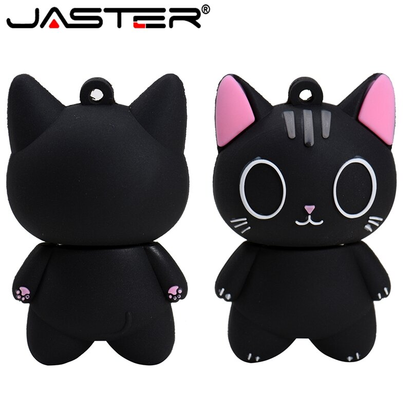 JASTER USB 2.0 Flash Drive 128GB Black Pendrive 64GB Cute cat Cartoon U Disk 32GB Free key chain Memory Stick Gifts for Children