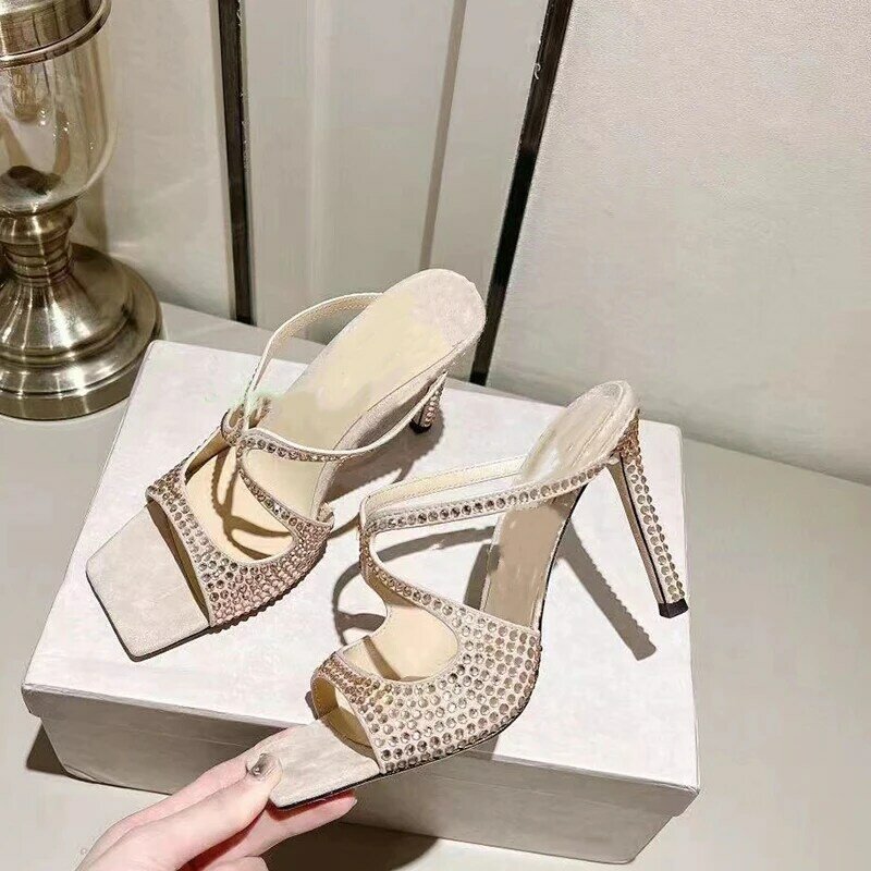 Fansaion 2023 sepatu baru wanita musim panas mode persegi jari kaki aprikot kristal berlian imitasi sandal seksi stiletto Heels ukuran besar 42 43