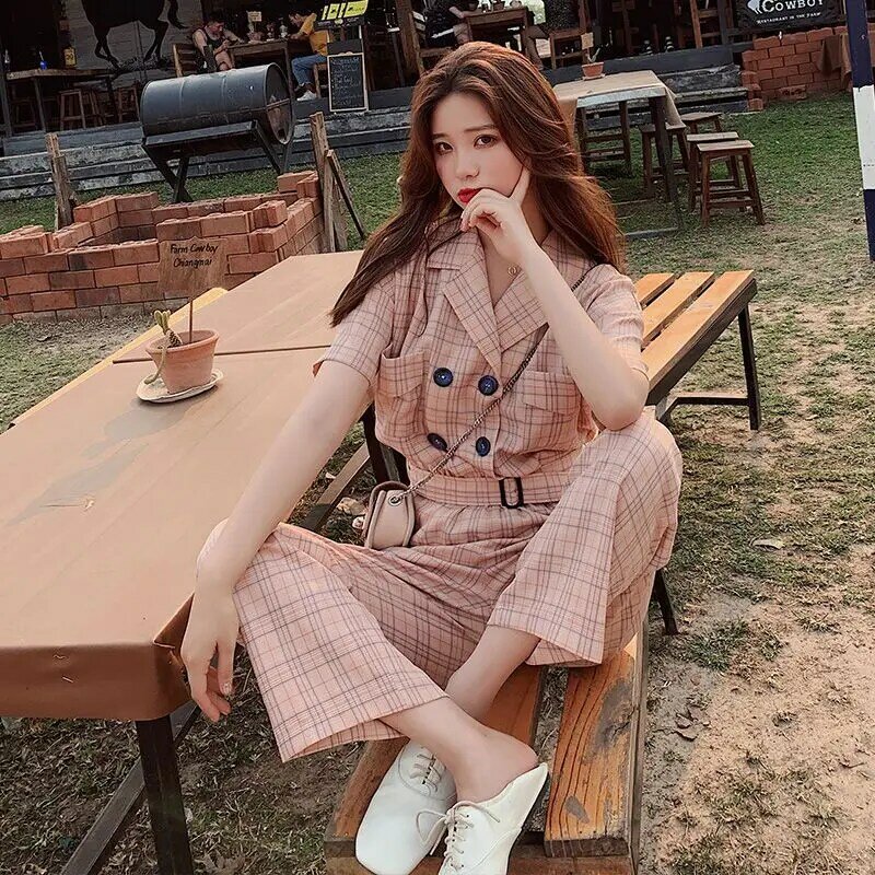 Korea Rompers  Short Sleeves Trousers Women Collar Plaid Jumpsuit Full Length Work Office Lady 2024 New