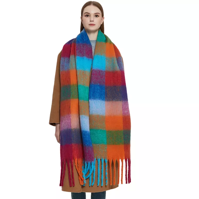 女性のためのイミテーションモヘアのショール、タッセル付きのカラフルな市松模様のスカーフ、ヨーロッパスタイル、柔らかく、秋と冬