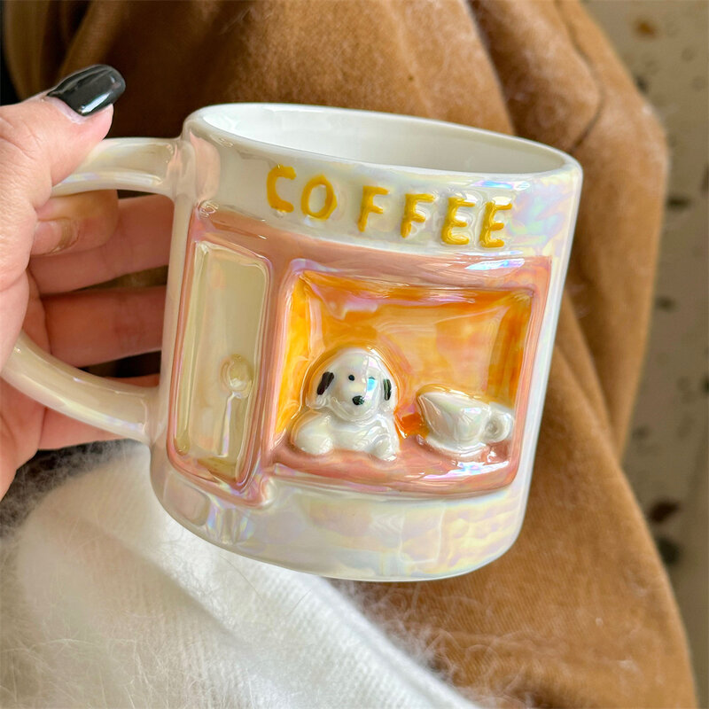 ช้อนถ้วยเซรามิคพร้อมฝาบรรเทาอาการ3D แก้วกาแฟบุคลิกภาพช้อนถ้วยน้ำชารูปสัตว์ฟืนสำหรับสุนัข