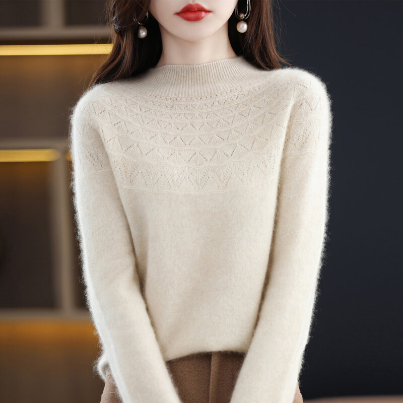 Women's Sweater 100% Wool Autumn Winter Half Turtleneck Loose Short Long Sleeve Pullover Hollow Fashion Knitted  Bottoming Shirt