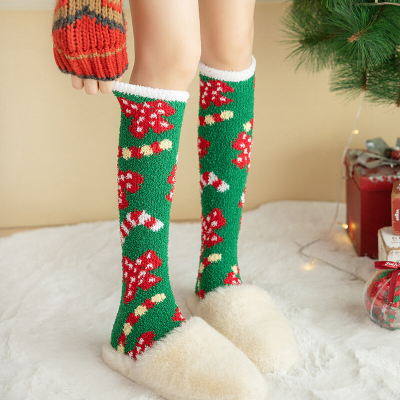 Новые рождественские носки до колен из кораллового бархата, зимние Утепленные полувысокие женские носки