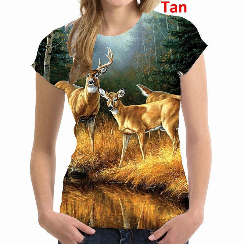 Damska fajne modne osobowość 3d Deer graficzny nadruk Tee Casual krótki rękaw wokół szyi T-shirt