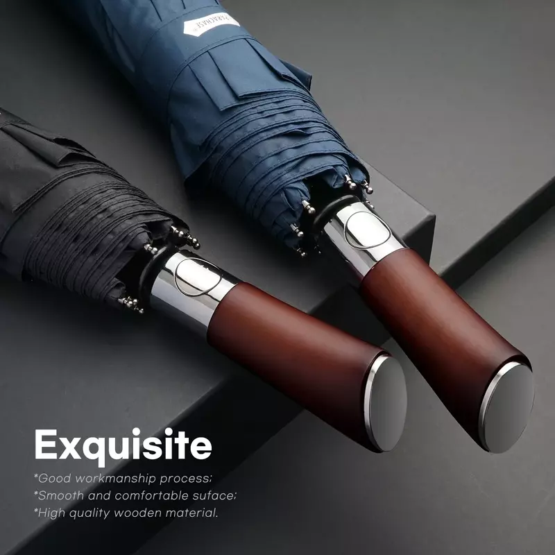 Paraguas grande a prueba de viento para hombre, sombrilla totalmente automática de 8 costillas, lluvia pesada, plegable de madera para exteriores, sombrilla compacta