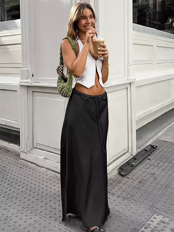 Rok Maxi Satin untuk wanita perban warna Solid A-Line longgar 2024 mode musim panas rok panjang pakaian kasual baru wanita