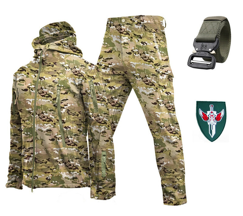 2023 Gift Belt Mens Tactical Jacket Hiking Soft Shell Clothes Windbreaker Flight Pilot Hood Military Fleece Field Suit