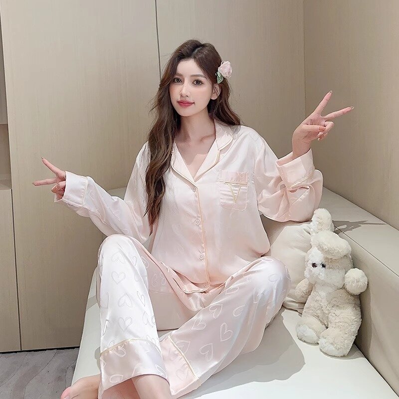 Newlook-Pijama fino feminino de seda gelada manga comprida, roupas de casa soltas casuais, terno high-end, primavera e outono