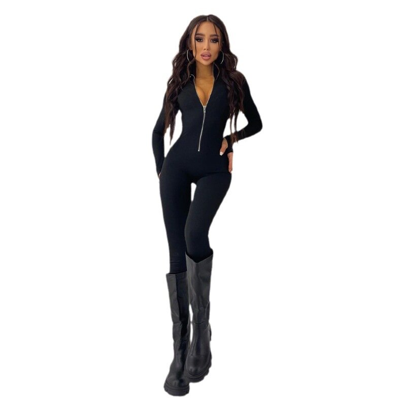 Women Long Sleeve Zipper Bodycon Black White Jumpsuit Overalls 2024 Spring Autumn Clothes Wholesale Items