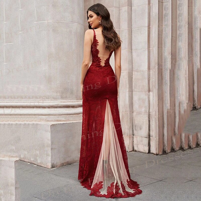 Gaun malam klasik putri duyung merah anggur anggun gaun Prom renda leher V rendah seksi gaun pesta dansa tanpa lengan belahan sisi tinggi Vestidos De Fiesta
