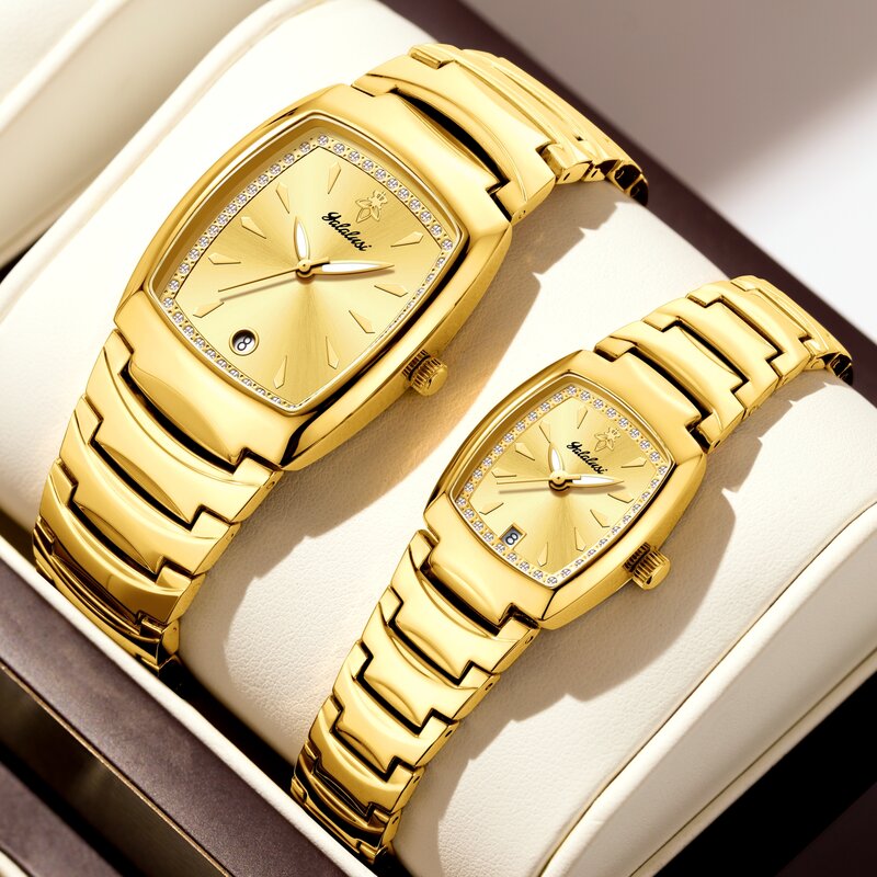 Yalalusi นาฬิกาคู่รักสำหรับผู้ชาย, 2024แบรนด์ดังขายดี1คู่นาฬิกาคู่สีทองหรูหรากล่องนาฬิกากำจัดสีทองชุบทอง