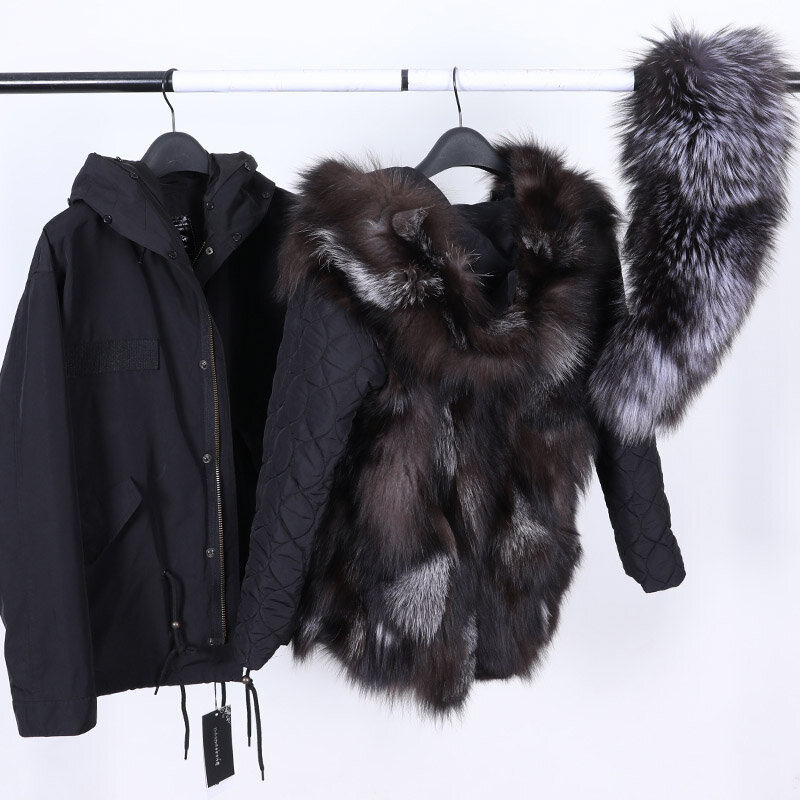 Maomaokong jaket bulu untuk wanita, mantel parka kerah bulu rubah asli alami, mantel bulu bagian dalam jaket musim dingin mewah untuk wanita 2023