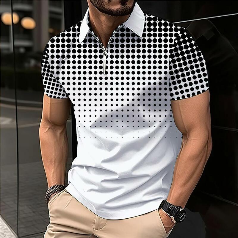 Kaus musim panas baru untuk pria 2023 atasan Pullover modis kaus Polo bergaris kancing cetak huruf kerah lipat lengan pendek