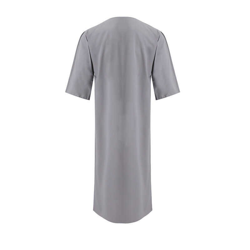 Mens  Casual Loose Muslim Robe Summer Fashion Short Sleeved Robe Male Solid Color Stitching One Line Neck Business Muslim Robe