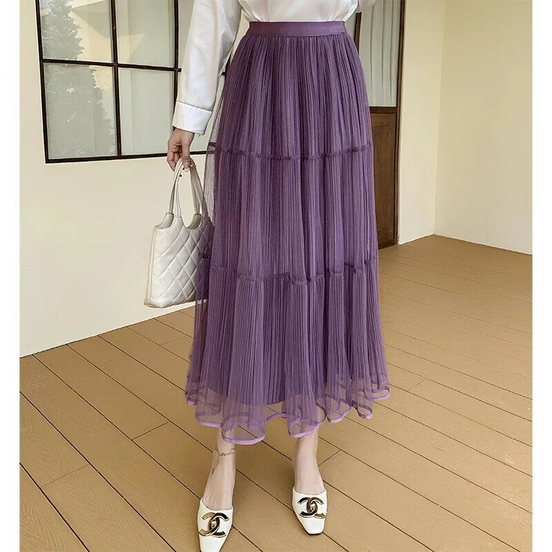 Damen Sommer Vintage lange Mode Midi Maxi Röcke weibliche hohe Taille Streetwear Mesh Rock Damen Falten eleganten Rock Q947