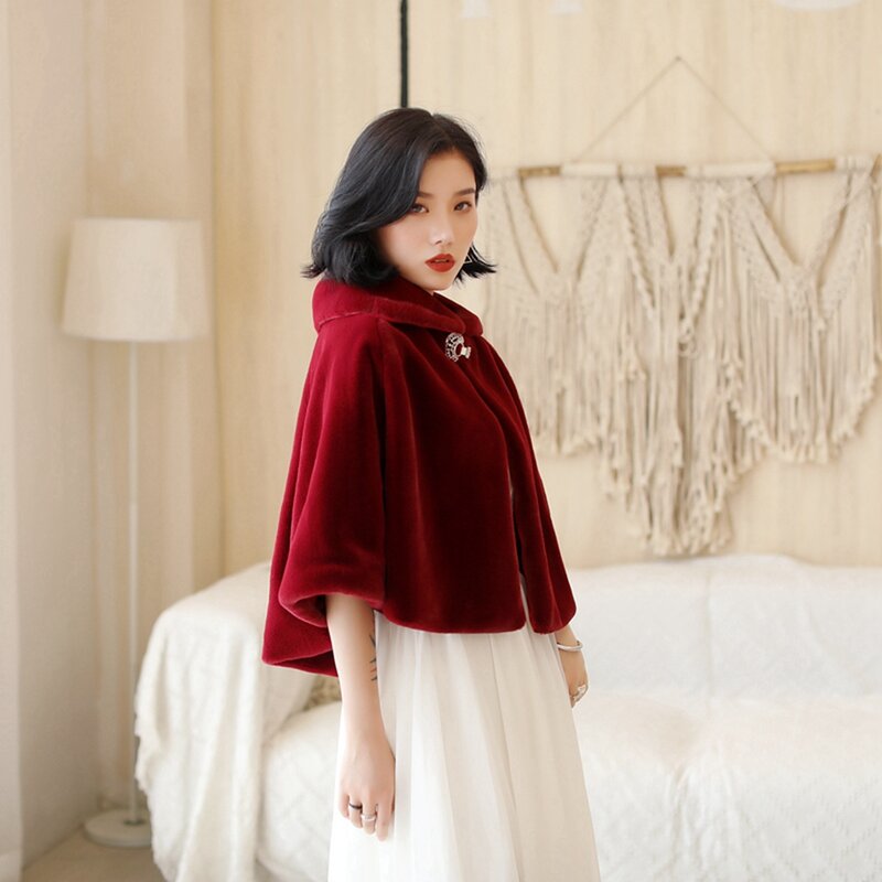 Jaket Pengantin Wanita Bolero Pernikahan Merah Anggur Mantel Bulu Palsu Bahu Selendang Membungkus Jubah Pesta Malam Formal 2023 Chamelux Para Mujer