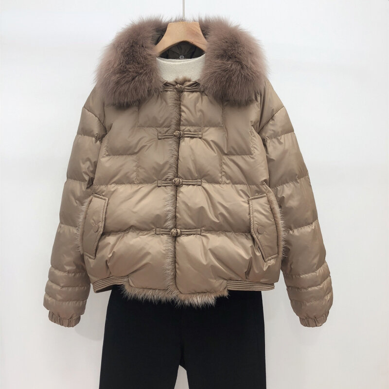 Jaket bulu angsa untuk wanita, jaket Parka longgar Vintage kerah bulu rubah asli musim dingin 90%, jaket pendek hangat untuk wanita