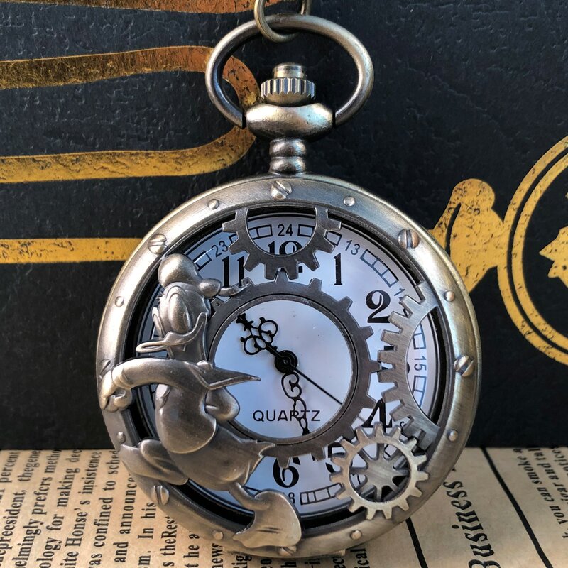 Klasyczny śliczne Hollow Cartoon kaczka zegarek kieszonkowy kwarcowy cyfry arabskie popularne akcesoria łańcuch do paska wisiorek zegar mężczyźni kobiety prezent