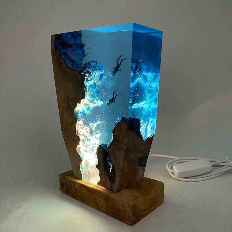 Ocean Karst lampu malam LED, lampu Resin epoksi dasar kayu dekorasi rumah hadiah koleksi figur aksi lampu LED