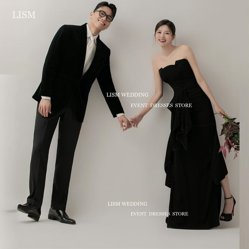 LISM Simple Strapless Black Korea Prom Dresses Photo Shoot Corset Back Irregularly Floor Length Bride Wedding Evening Gowns