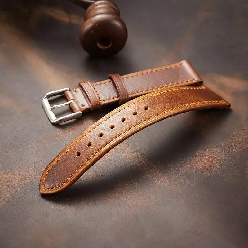 Italian Style Vintage Leather Strap18mm 19mm 20mm 21mm 22mm Oil Wax Discolored Ultra-thin Watch Band