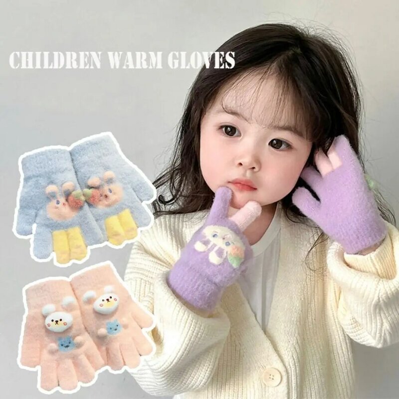 Cute Cartoon Knitted Gloves para crianças, Plush, Espessado, Windproof, Quente, Esportes ao ar livre, Dedos cheios, Crianças, Inverno