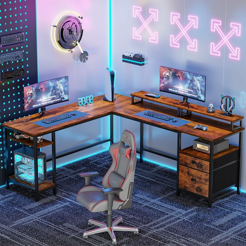 مكتب كمبيوتر على شكل حرف L مع أرفف ، مكتب ألعاب زاوية قابل للعكس مع درج ملفات ، حامل شاشة مزدوج ، 66 بوصة