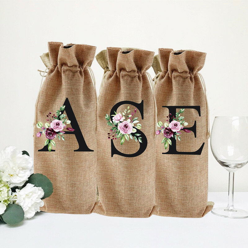 Flor inicial impresso vinho garrafa titular sacos saco de cordão sacos de serapilheira presentes para a anfitriã presente de agradecimento aniversário