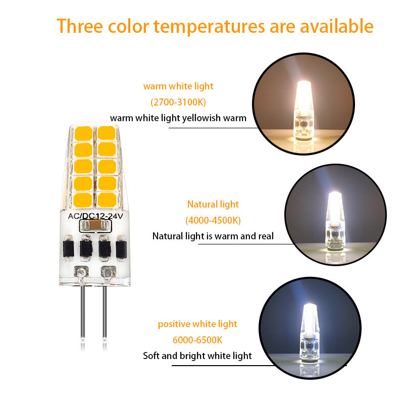 Mini Dimmable G4 LED Lâmpadas de cristal de silicone, AC, DC, 12V-24V, 3W, 5W, 2835 SMD, frio, quente, branco neutro, substituir a lâmpada de halogênio, 5 PCes
