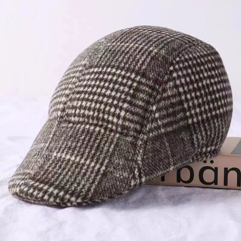 Topi wol untuk pria, topi baret tebal katun tua tahan angin hangat musim gugur dan musim dingin