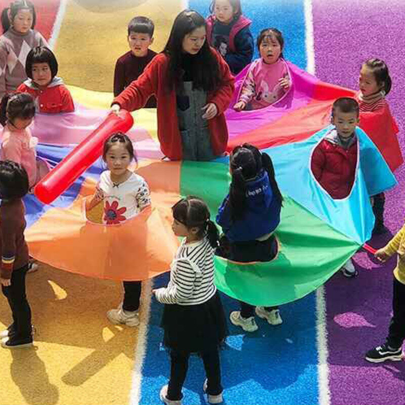 Pengembangan Luar Ruangan Pelangi Payung Parasut Mainan Pelangi Warna-warni Lompat Karung Anak-anak Olahraga Luar Ruangan Payung Hadiah Anak-anak