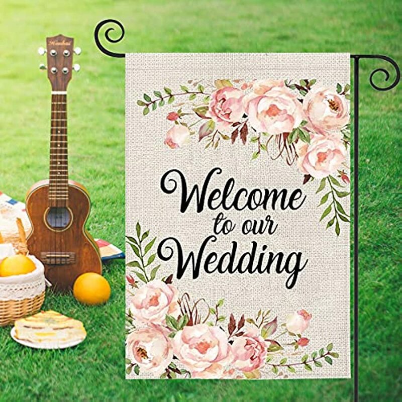 Drapeau de jardin Double face pour mariage, décor extérieur de mariage, bannière de bienvenue dans notre jardin, cadeau de bienvenue